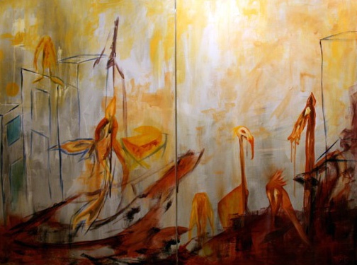 Oil on canvas, 36" x 18", abstract, birds