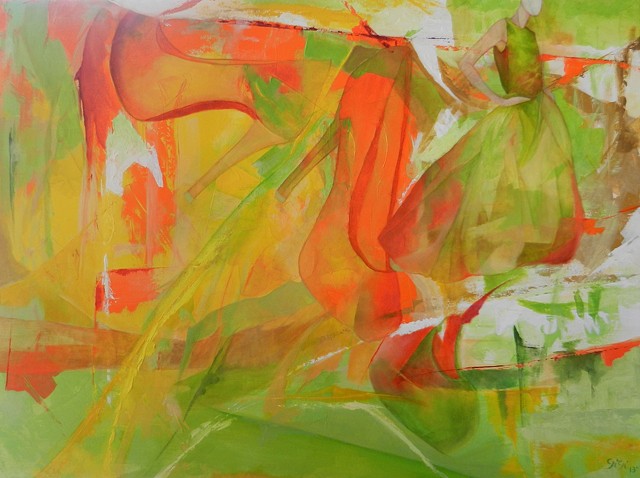 Oil on canvas, 30" x 40", dance, red, green