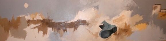 Oil on canvas, 12" x 48", abstract, grey, white, boot, anxiety