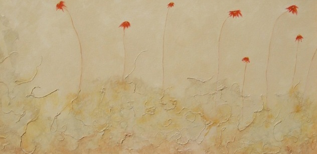 Mixed media canvas, 15" x 60", abstract, flowers, red, yellow, strength