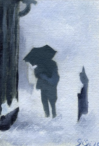 Oil on khadi paper, 7"x 5", snow, walking, blizzard