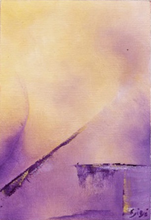 Framed, oil on paper canvas, 6"x4", abstract, purple, yellow, creation of life, calming