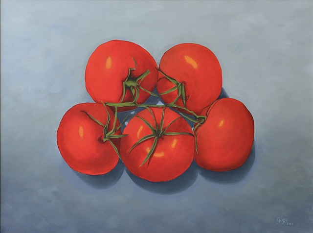 Oil on canvas, 29" x 39", still life, tomatoes, grey