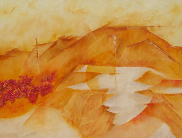 Oil on canvas, 30" x 30", abstract, yellow, orange, Tucume, Peru, Inca, pre-Hispanic