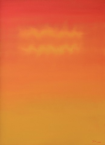 Oil on canvas, 22" x 30", abstract, sun, red, orange