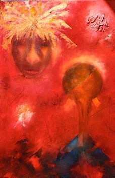 Oil on canvas, 36" x 24", abstract, Africa, masks, mixed media