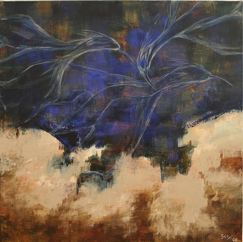 Acrylic on canvas, 30" x 30", abstract, indigo, purple, flowers