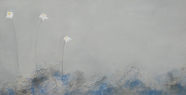 Mixed media on canvas, 15" x 30", abstract, flowers, white dandelions, grey, survival, children