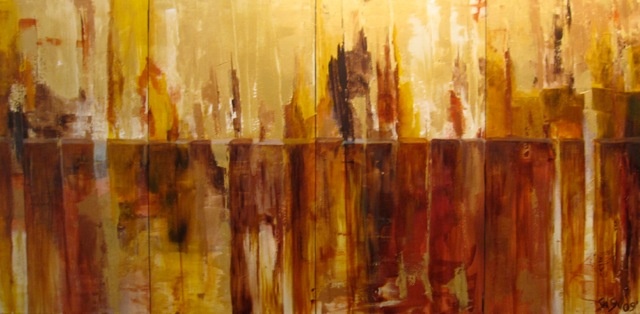 Oil on canvas, 24" x 48", abstract, boards, brown, yellow