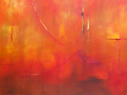 Oil on canvas, 36" x 48", abstract, religion, God, Jesus, red, yellow, symbols