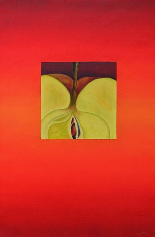 Oil on canvas, 30" x 20", abstract, apple, red, fruit