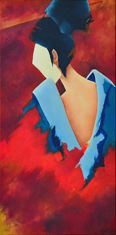 Oil on canvas, 30" x 15", portrait, woman, Asian, Kabuki, theatre