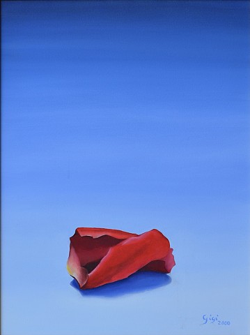 Oil on canvas, 24" x 18", abstract, red petal, rose petal, blue