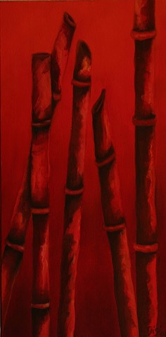 Oil on canvas, 12" x 24", abstract, red, bamboo