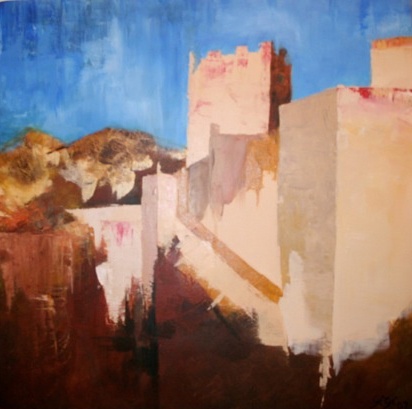 Acrylic on canvas, 20" x 20", abstract, Granada, Spain, landscape