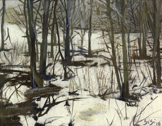 Oil on khadi paper, 8"x 10", snow, winter