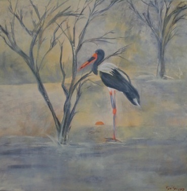 Oil on canvas, 30" x 30", abstract, Sabi Sand, South Africa, game reserve, blue crane, Stanley crane