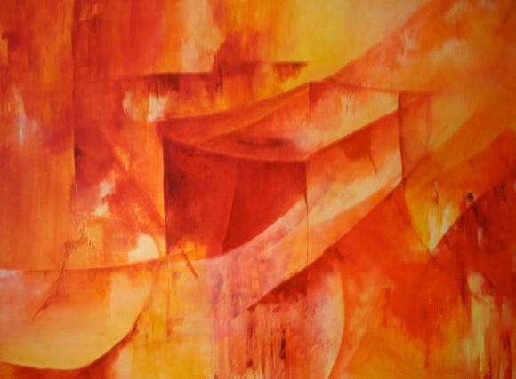 Oil on canvas, 48" x 60", abstract, yellow, red, orange, moving, change