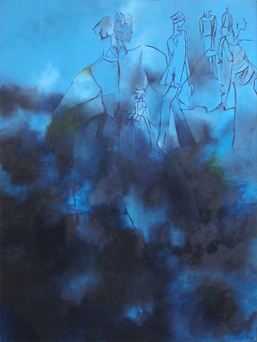 Oil on canvas, 48" x 36", abstract, Yves St. Laurent, fashion, designer, blue