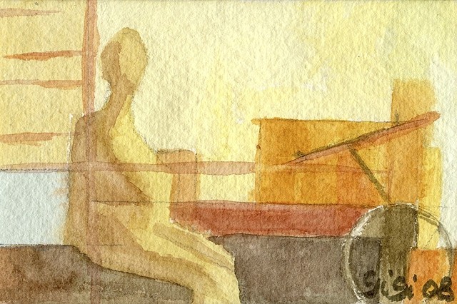 Watercolor on khadi paper, 3" x 5", sitting, resting, break