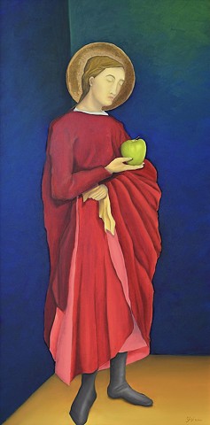 Oil on canvas, 48" x 24", saint, green apple