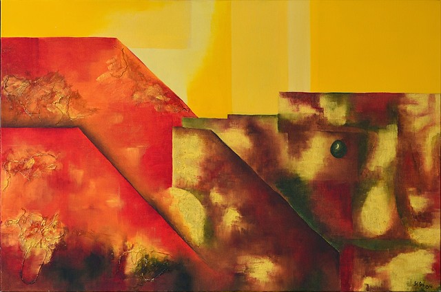 Oil on canvas, 24" x 36", abstract, yellow, orange, red, brown, Inca, Sican, mask