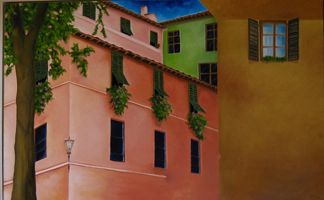 Oil on canvas, 36" x 24", Siena, Italy, red, brown, buildings