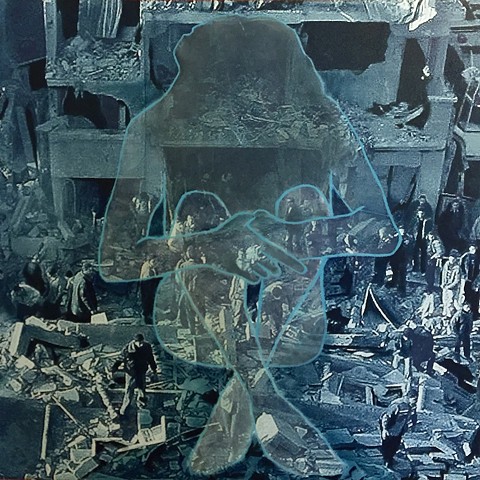 Mixed media, 30" x 30", abstract, Gaza, war