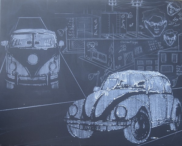 Mixed media, 16" x 20", abstract, cars, Volkswagen, city