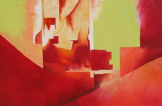 Oil on canvas, 24" x 36", abstract, red, green, yellow