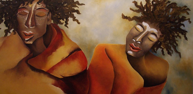 Oil on canvas, 24" x 48", abstract, portrait, Africa, mother, daughter, relationships, curly hair