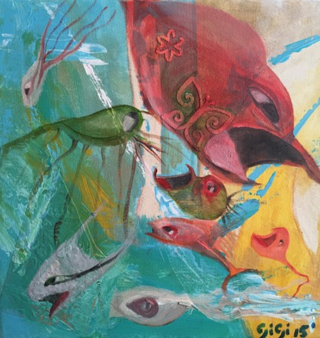 Mixed media on canvas, 10" x 10", abstract, underwater, fish, birds