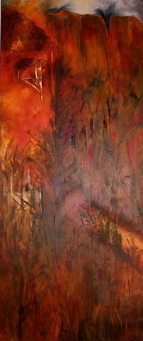 Oil on canvas, 60" x 26", abstract, Spain, Cuenca, landscape, buildings, red, brown, trees