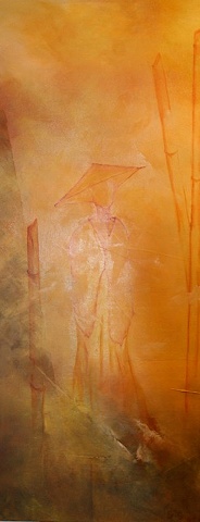 Oil on canvas, 30" x 12", China, bamboo, yellow, orange, abstract