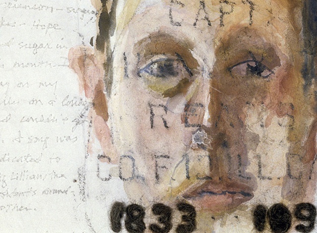 Self-portrait. Rubbings from a tombstone from a Civil War cemetery in Seattle, WA. Text by Mary Louse Kunz.