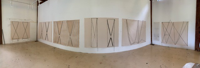 Installation, 2020, acrylic paint, pencil and garden twine on unprimed canvas, six works running 64 feet