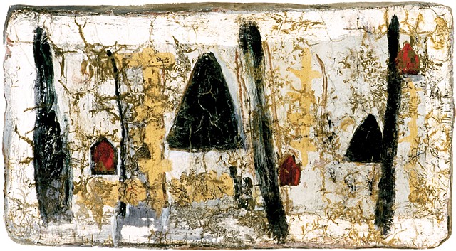 Ochre Hereafter, 1988, acrylic mounted on canvas with velcro backing, 35 x 64 inches