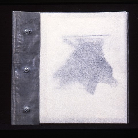 Book Cover, 1990, bound in lead, catridge prints on lutradur, garden cloth, 12 x 12 x 3 inches