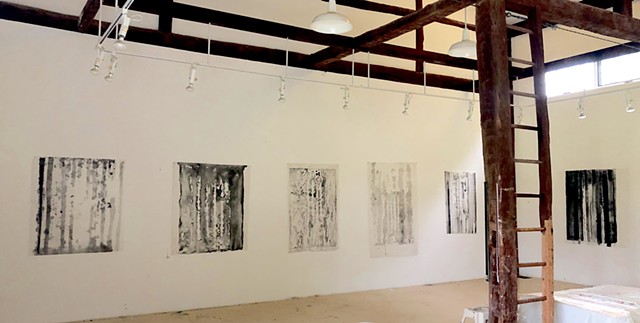Lutradur Paintings, barn installation, 2019, paint on lutradur, 50 x 40 inches