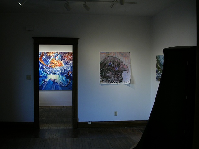 Installation shot:

"Aqua-Calamity", 2009, Jeremy Somer, left

"Golden Eagle", 2009, Jeremy Price, right