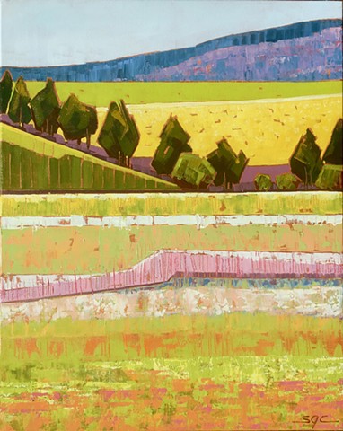 landscape painting, abstract landscape painting, contemporary landscape, mountains, farmland,