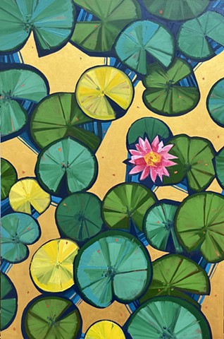 oil painting, water lilies, gold, gilded, gold leaf, flower painting, abstract flower painting, decorative flower painting