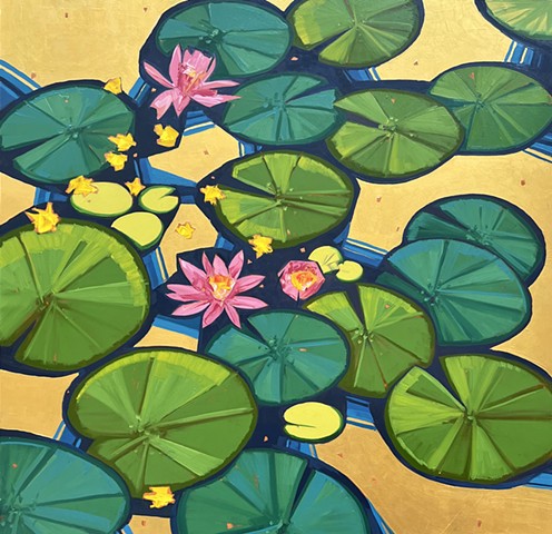 oil painting, water lilies, gold, gilded, gold leaf, flower painting, abstract flower painting, decorative flower painting
