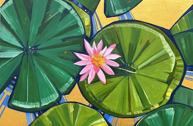 oil painting, water lilies, gold, gilded, gold leaf, flower painting, abstract flower painting, decorative flower painting