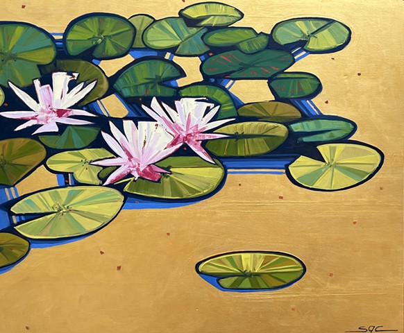 oil painting, water lilies, gold, gilded, gold leaf, flower painting, abstract flower painting, decorative flower painting