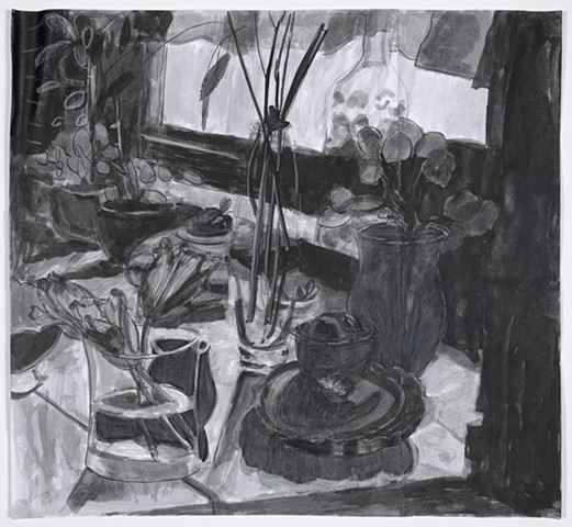 Tulips and Potted Plants on Table By Window