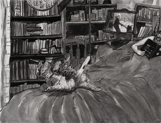 Reading with Cat Moving on Bed