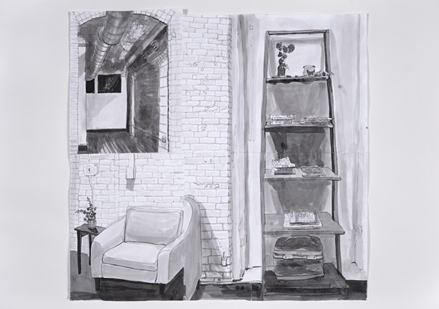 Chair and Stair Shelf with View to Hallway