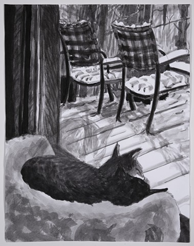 Two Deck Chairs After Snow with Cat