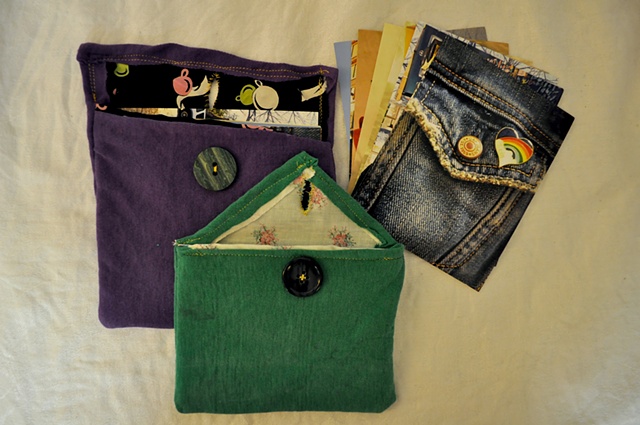 Kickstarter rewards: sets of 10 postcards with Stuff Hero images in handmade pouch